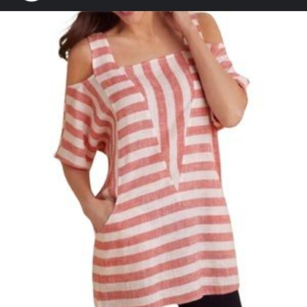 Soft Surroundings Women Linen  Blend Top XS Cold Shoulder Striped Casual